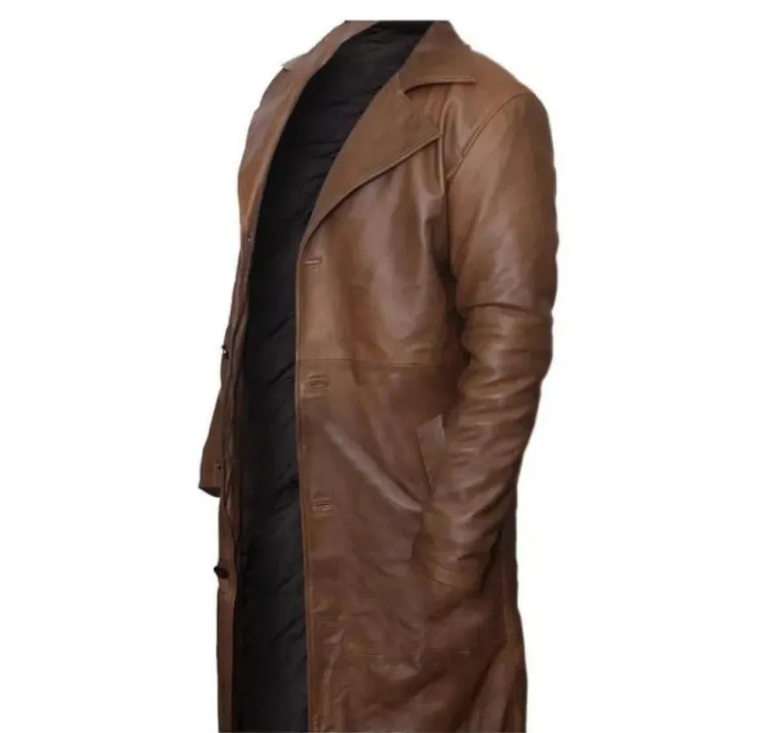 Mens Leather Trench Coat Brown