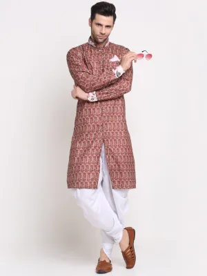 Men's Maroon & Beige Printed Kurta With White Dhoti Pant - Benstoke