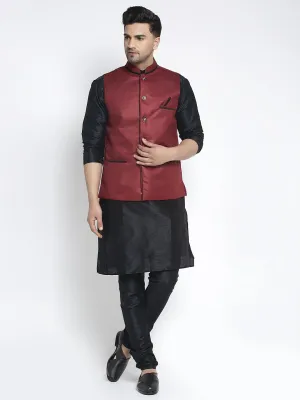 Men's Silk Blend Black Kurta With Pyjama & Maroon Nehru Jacket - Benstoke