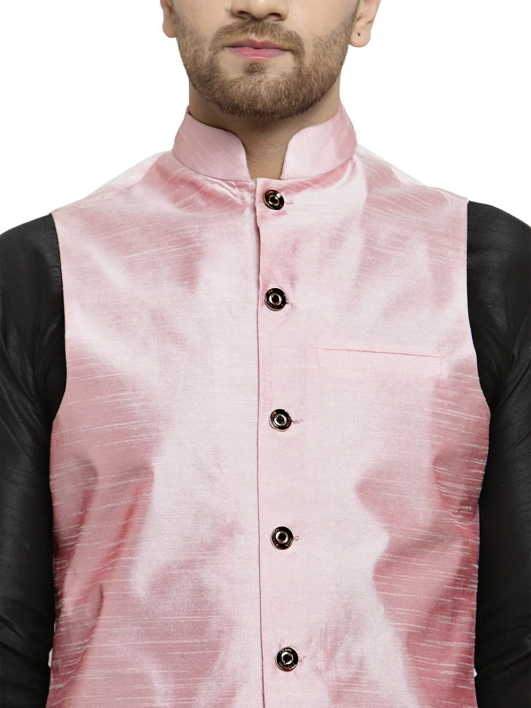 Men's Silk Blend Black Kurta With Pyjama & Pink Nehru Jacket - Benstoke