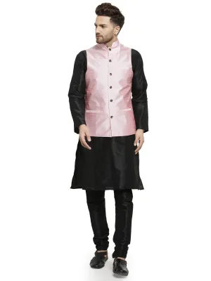 Men's Silk Blend Black Kurta With Pyjama & Pink Nehru Jacket - Benstoke