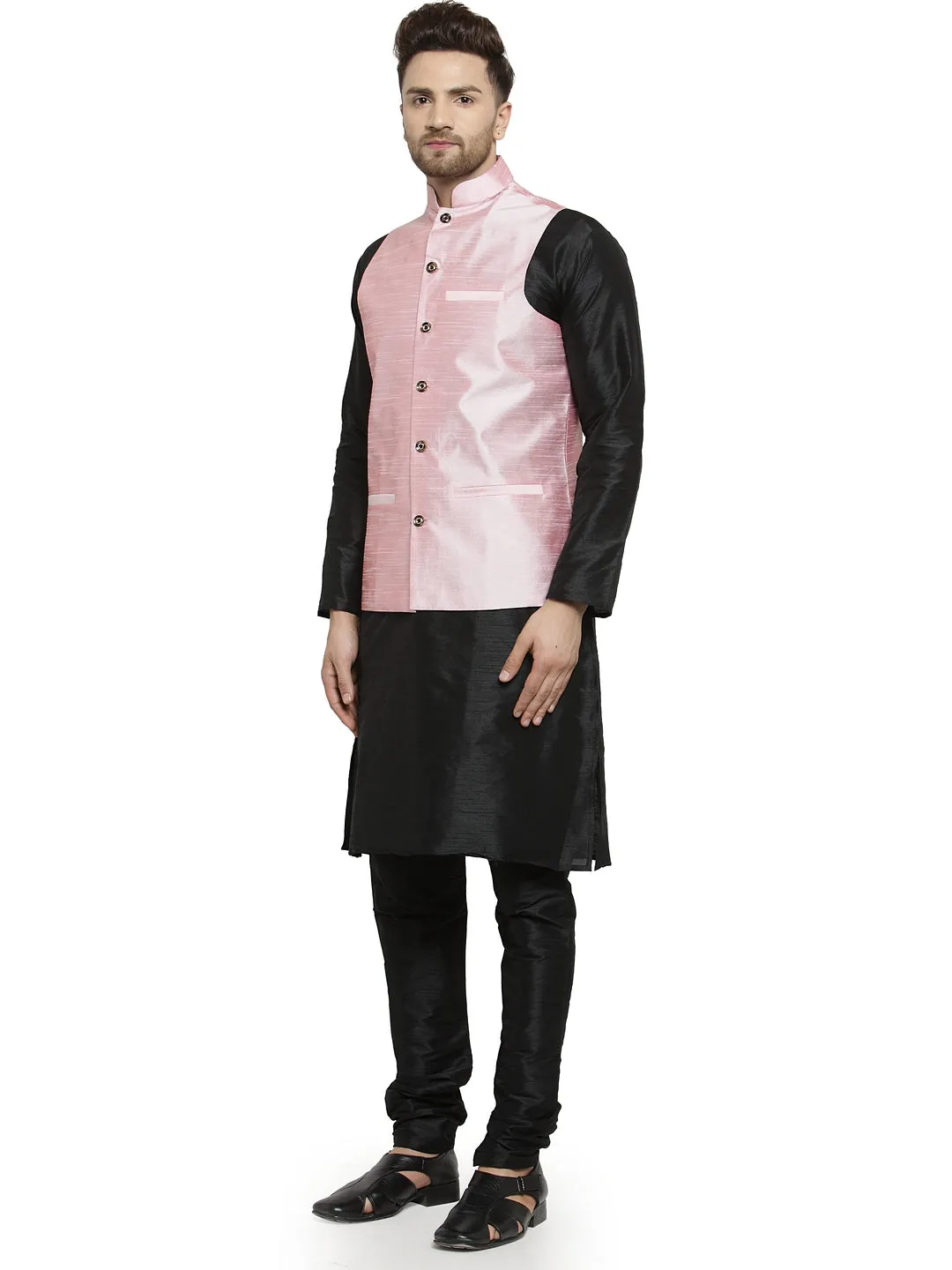 Men's Silk Blend Black Kurta With Pyjama & Pink Nehru Jacket - Benstoke