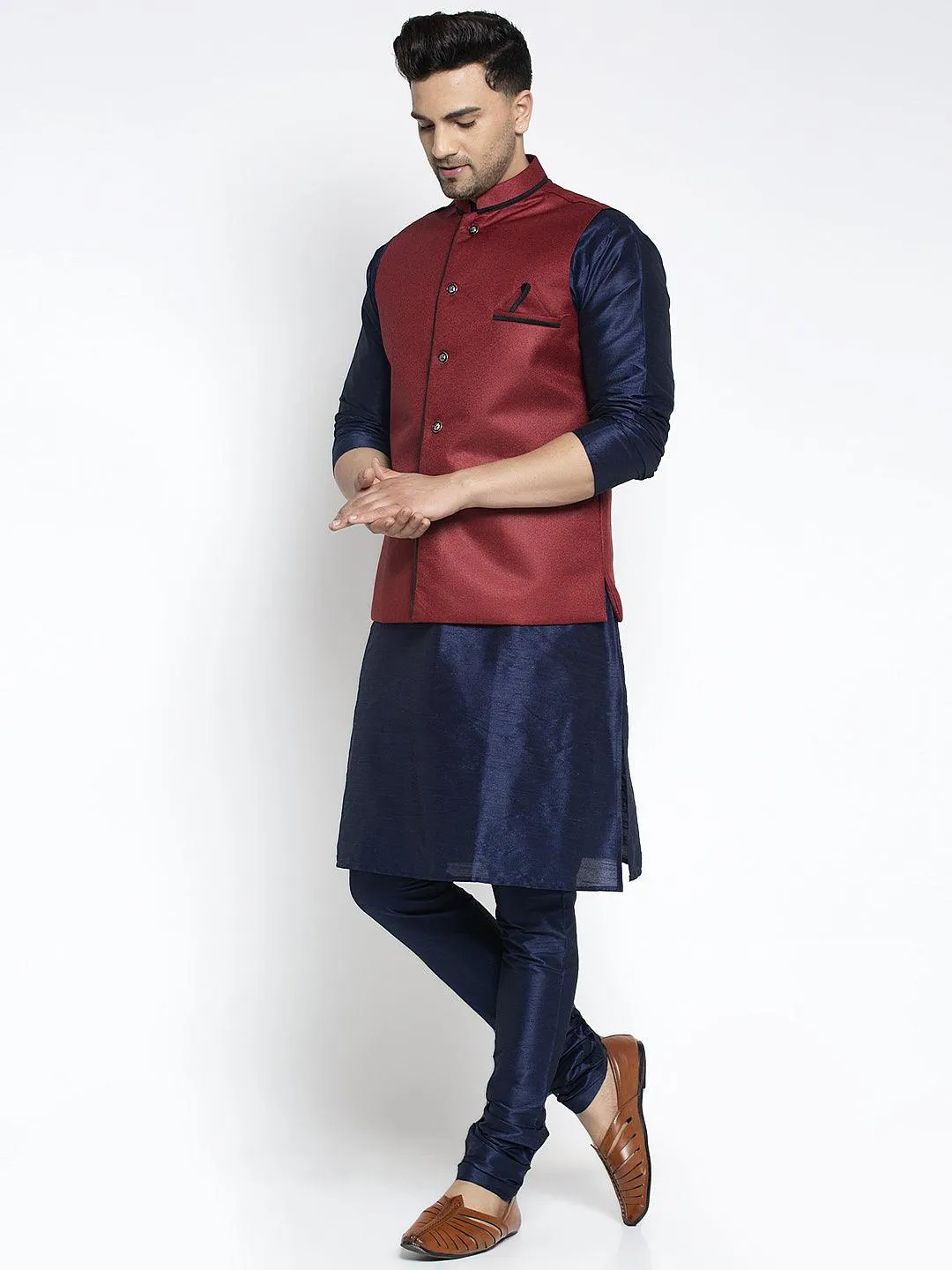 Men's Silk Blend Navy Blue Kurta With Pyjama & Maroon Nehru Jacket - Benstoke