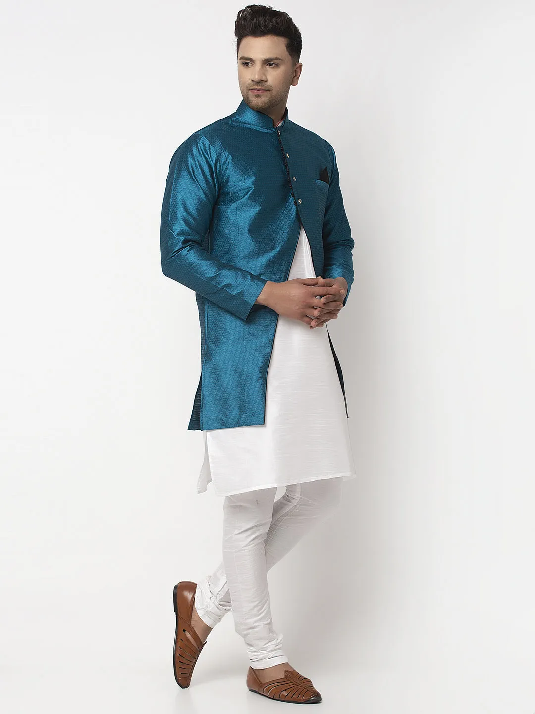 Men's White Kurta With Pyjama & Peacock Blue Self Design Jacket - Benstoke