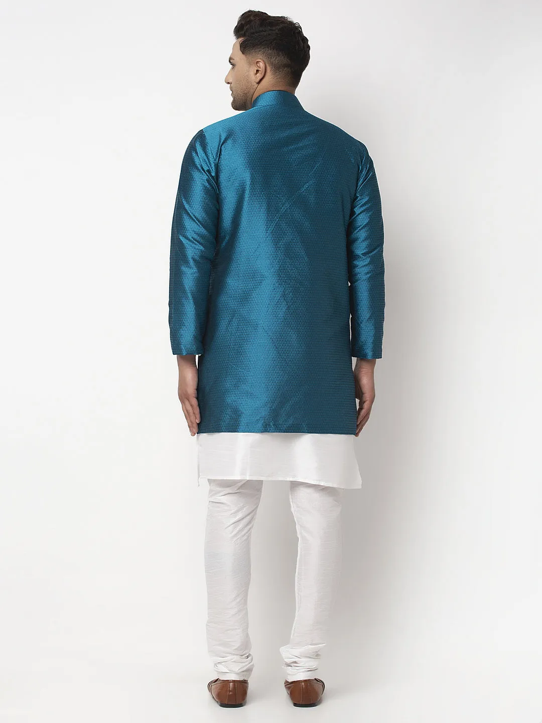 Men's White Kurta With Pyjama & Peacock Blue Self Design Jacket - Benstoke