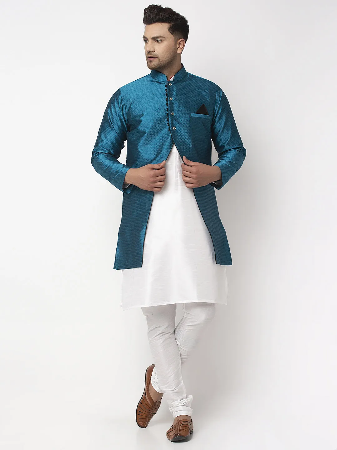 Men's White Kurta With Pyjama & Peacock Blue Self Design Jacket - Benstoke