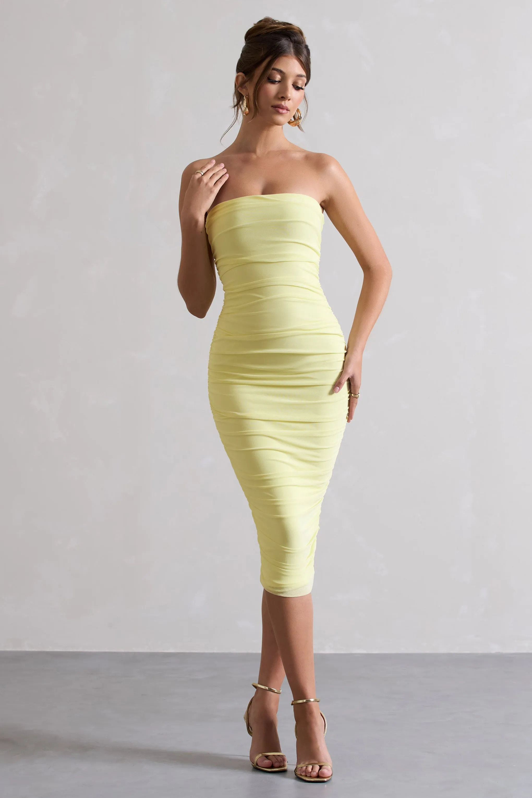 My Girl | Lemon Strapless Bodycon Ruched Mesh Midi Dress