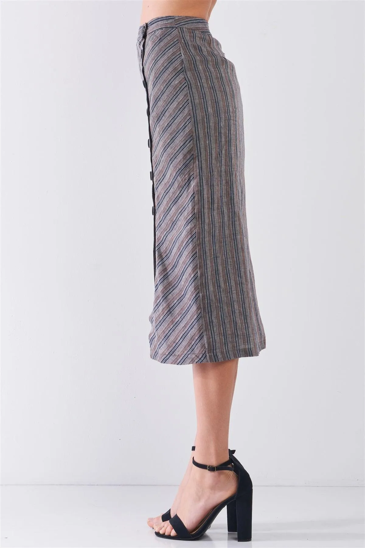 Navy Striped High Waist Side Button-Down Trim Slit Detail Pencil Fit Linen Midi Skirt /3-2-1