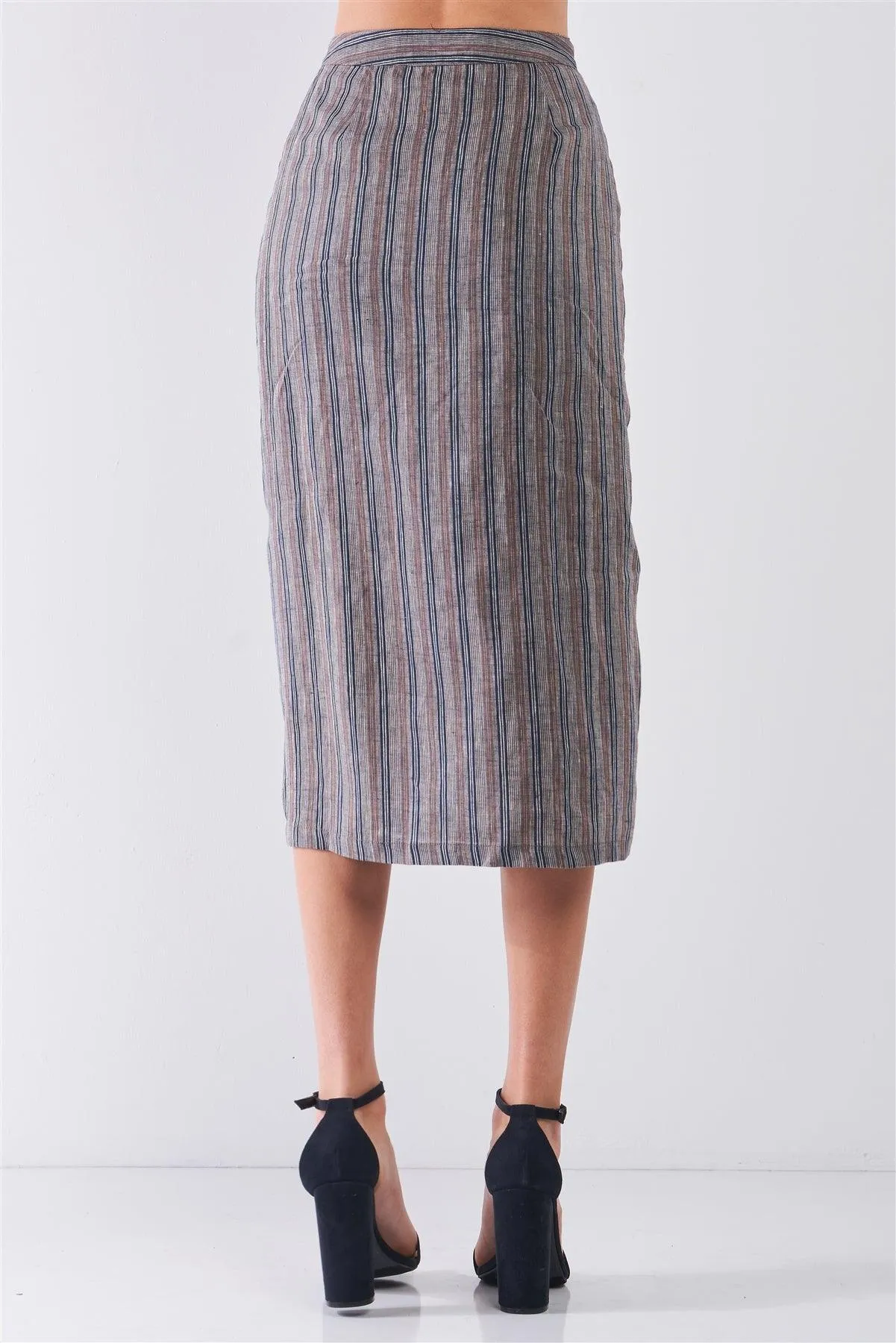 Navy Striped High Waist Side Button-Down Trim Slit Detail Pencil Fit Linen Midi Skirt /3-2-1