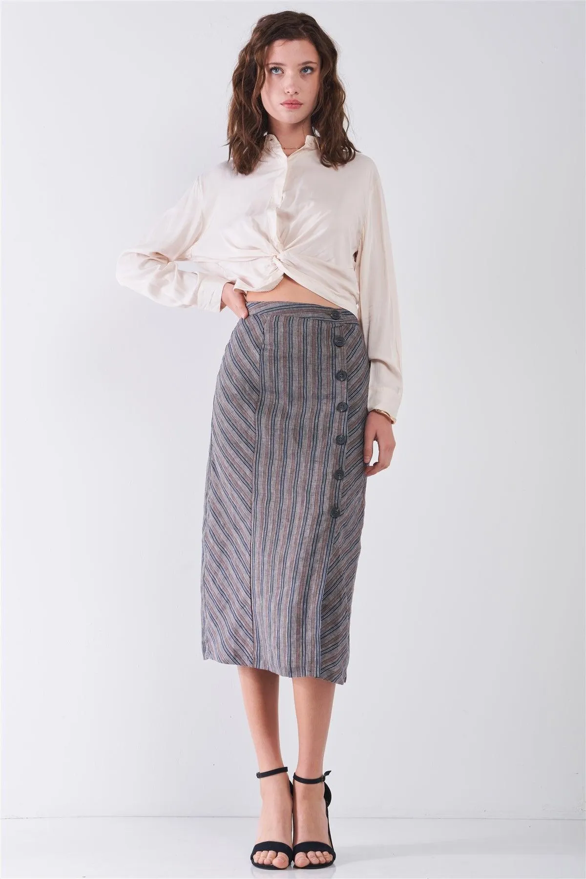 Navy Striped High Waist Side Button-Down Trim Slit Detail Pencil Fit Linen Midi Skirt /3-2-1