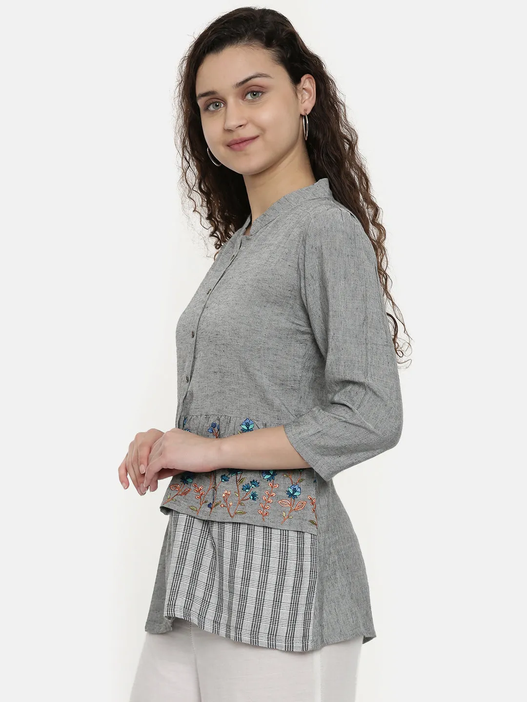 Neeru's Women Grey Solid Tunic With Embroidered Detail