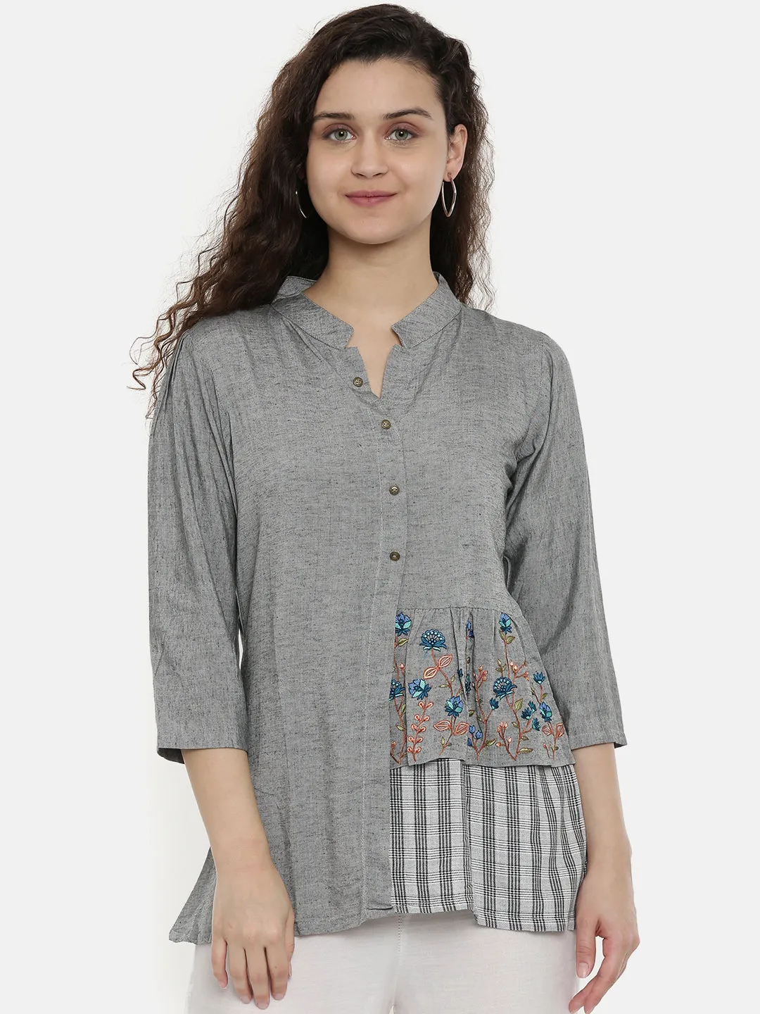 Neeru's Women Grey Solid Tunic With Embroidered Detail