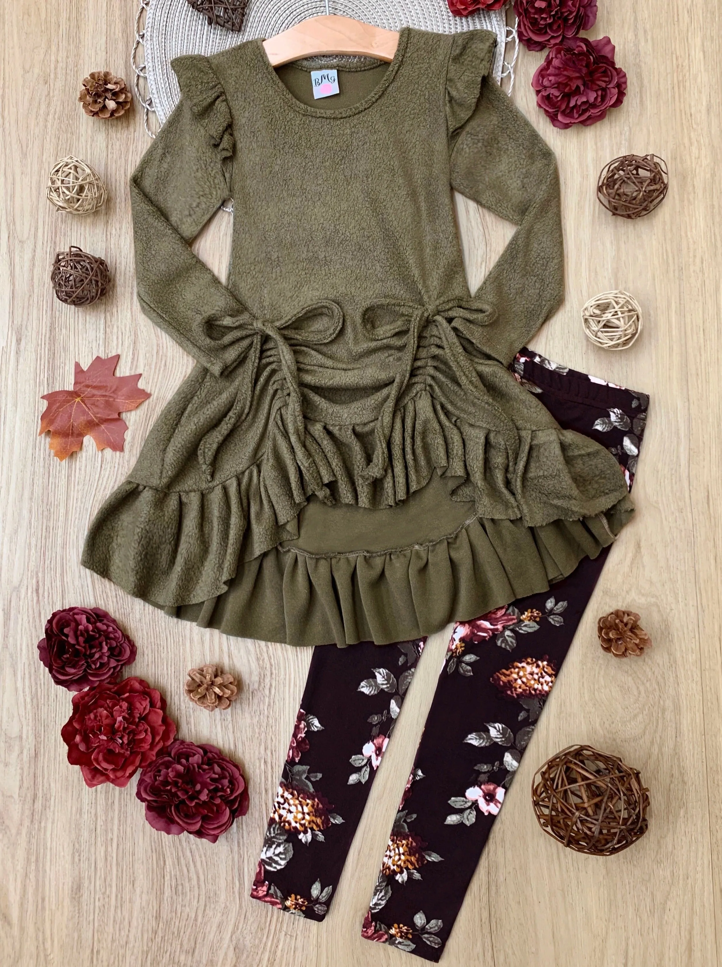 Olive Obsessed Drawstring Ruffle Tunic And Legging Set