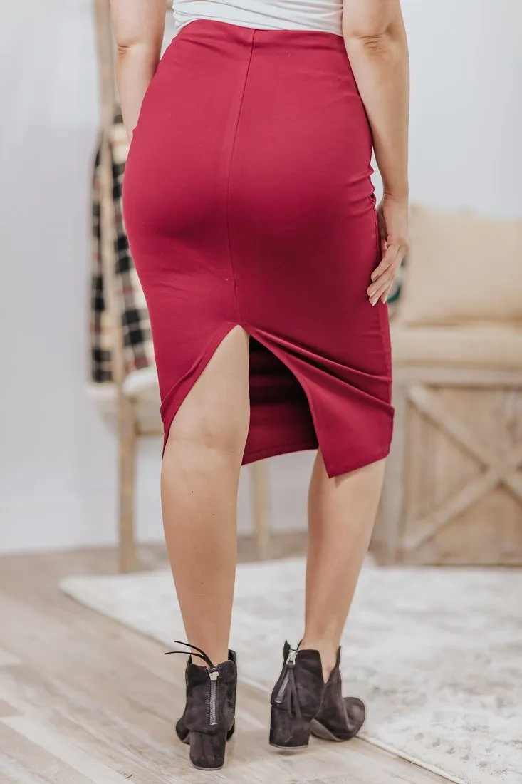 On The Eastside Pencil Skirt Slit Open Back in Dark Red