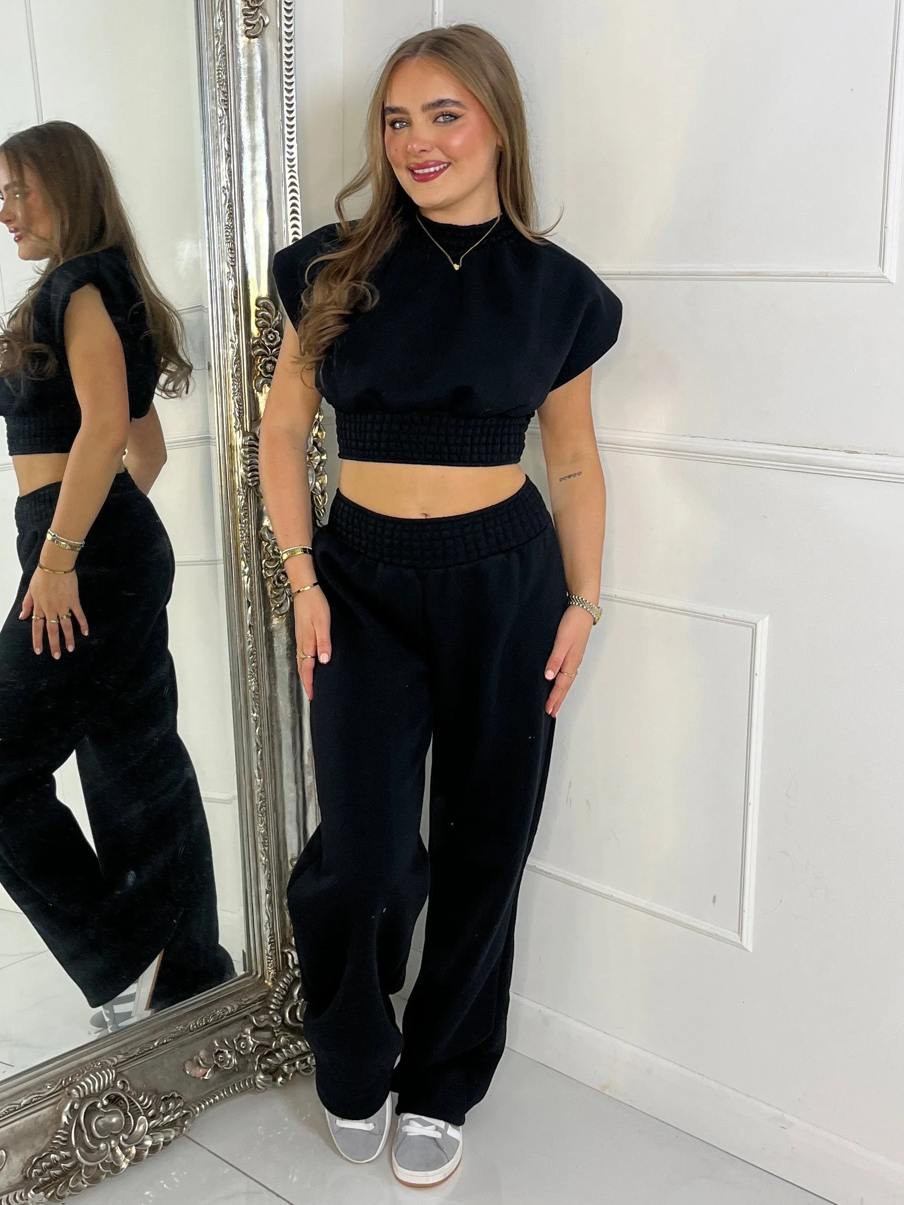 Padded Shoulder Top & Wide Leg Pants Tracksuit - Black