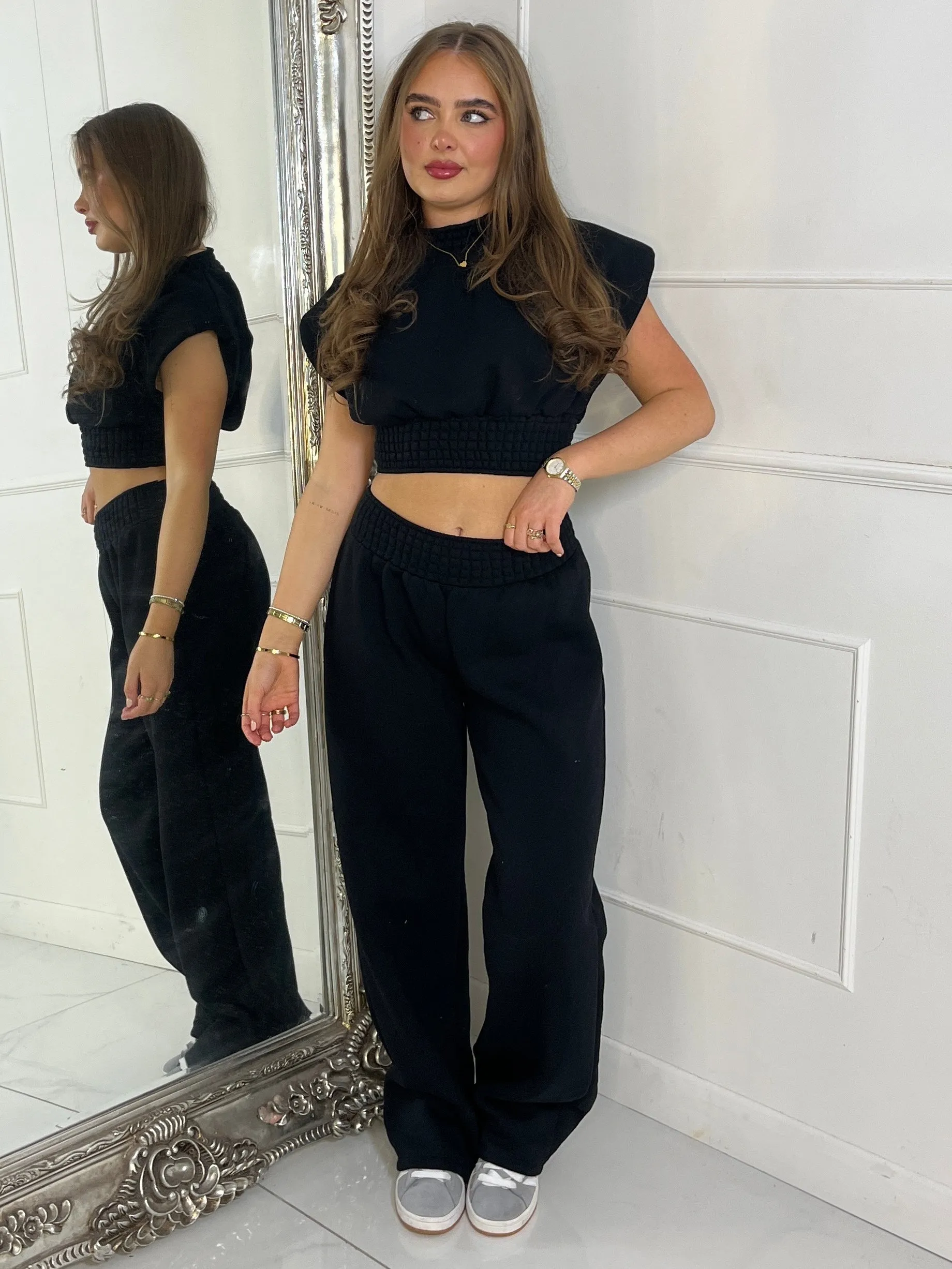 Padded Shoulder Top & Wide Leg Pants Tracksuit - Black