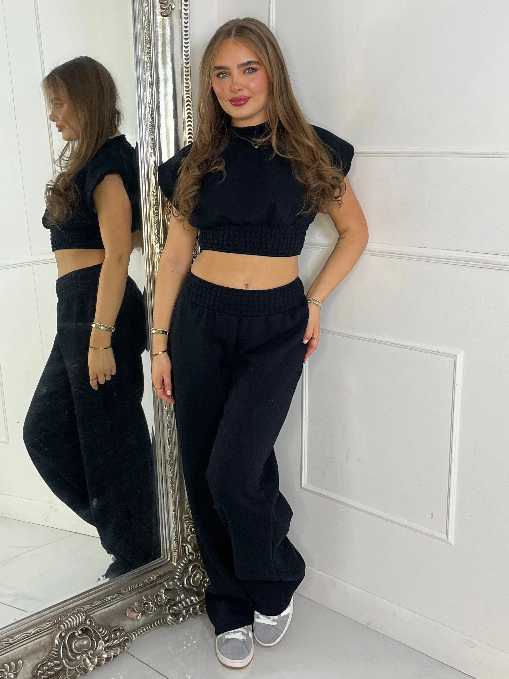 Padded Shoulder Top & Wide Leg Pants Tracksuit - Black