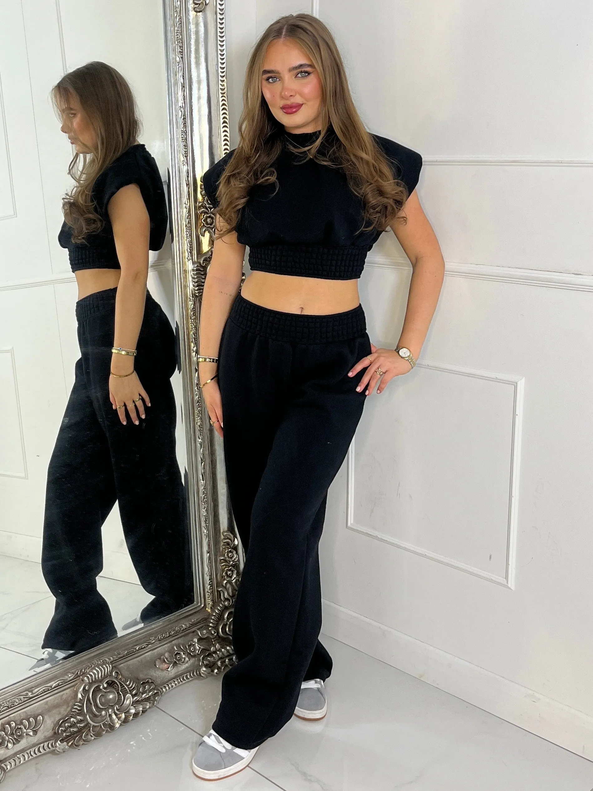 Padded Shoulder Top & Wide Leg Pants Tracksuit - Black