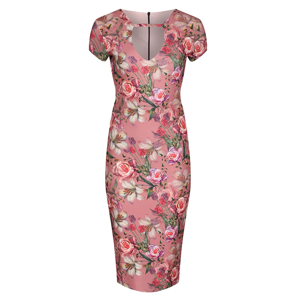 Pale Pink Floral Print Capped Sleeve Wiggle Pencil Dress