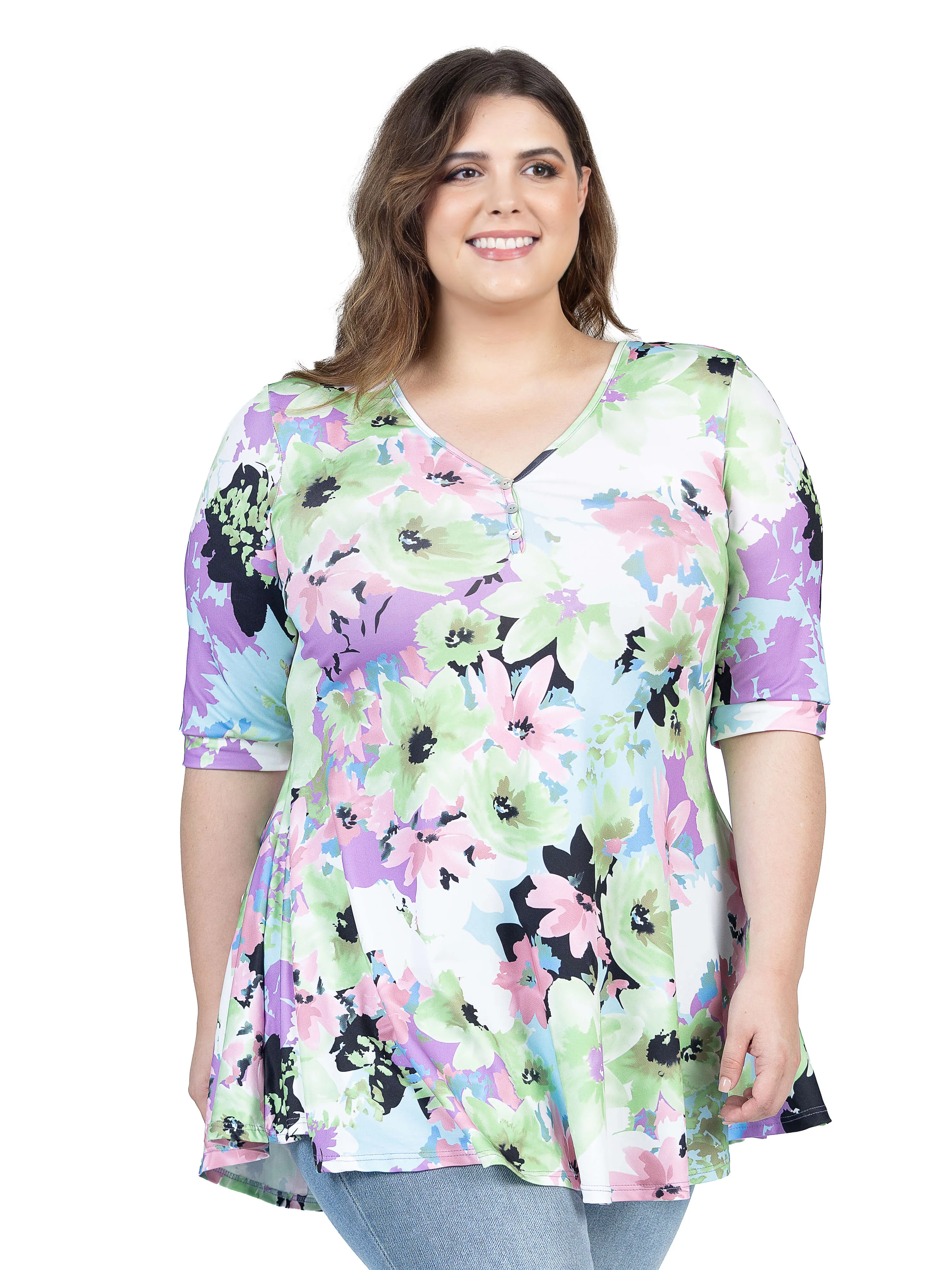 Pastel Color Floral Plus Size Elbow Sleeve V Neck Henley Tunic Top