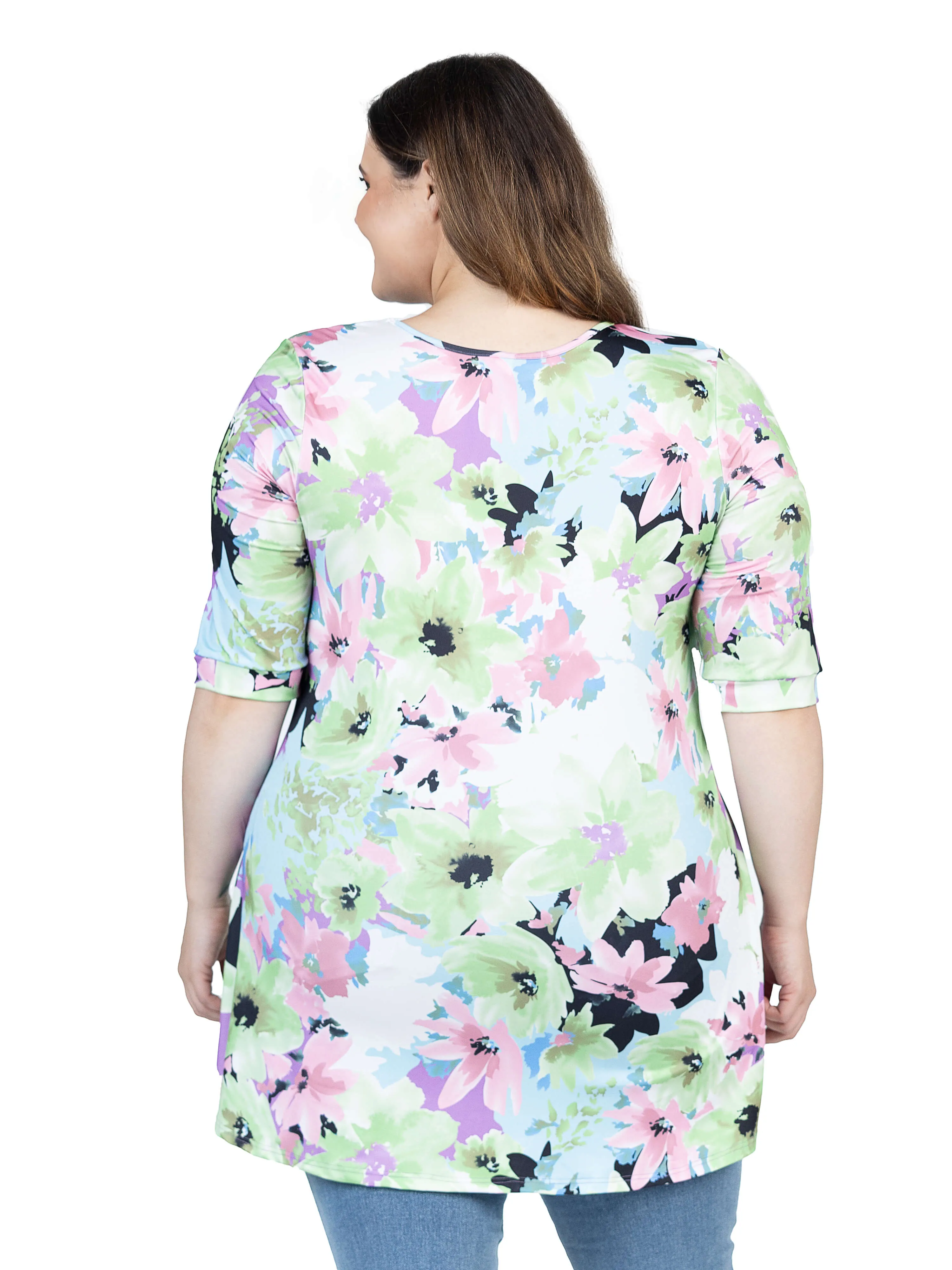 Pastel Color Floral Plus Size Elbow Sleeve V Neck Henley Tunic Top