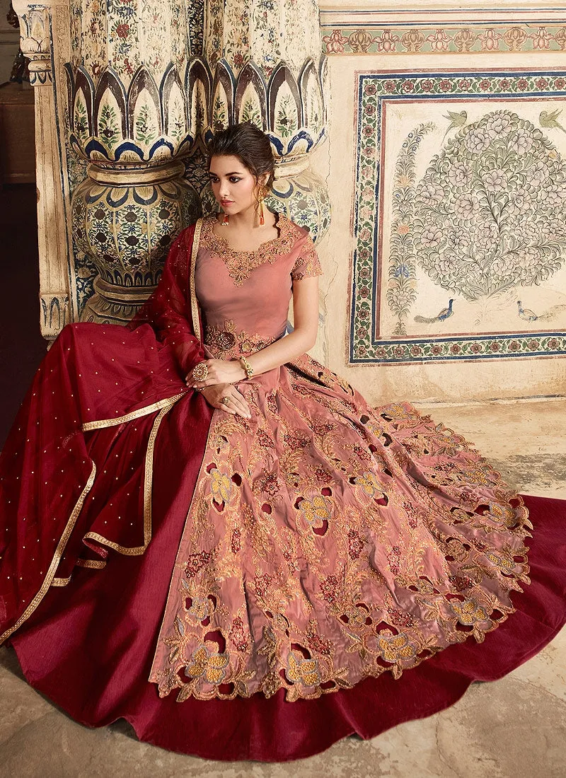 Peach And Red Embellished Lehenga/Pant Suit