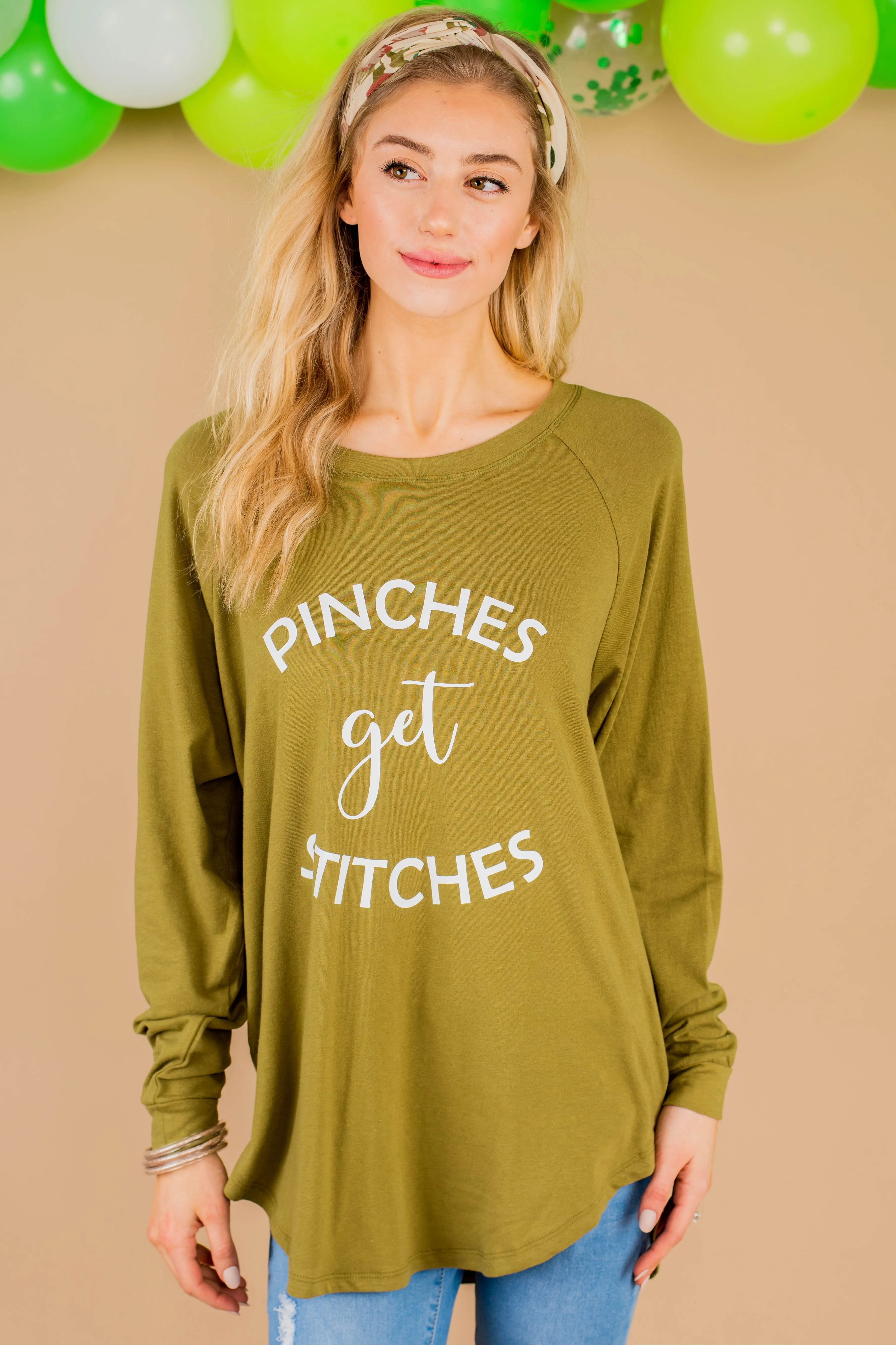 Pinches Get Stitches Olive Green Graphic Tunic