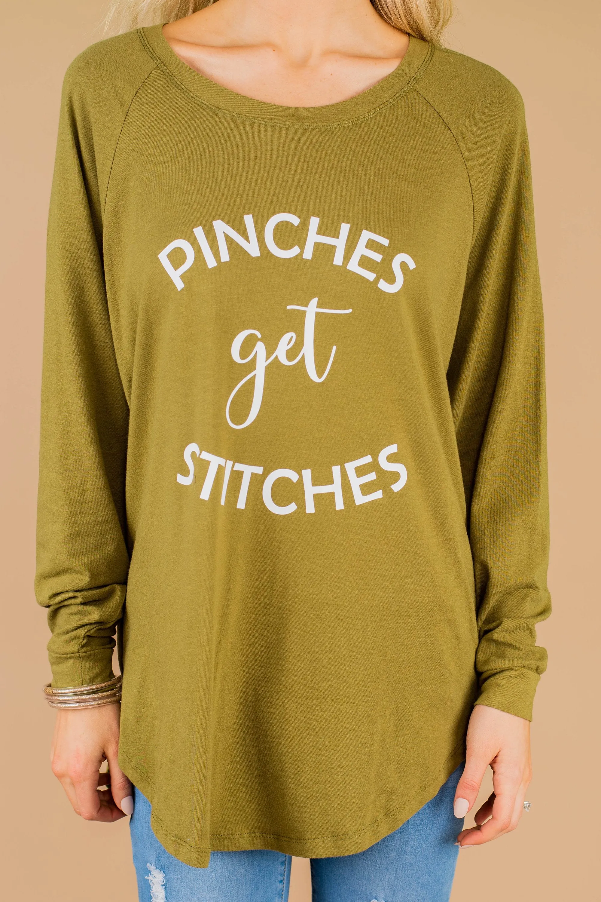 Pinches Get Stitches Olive Green Graphic Tunic