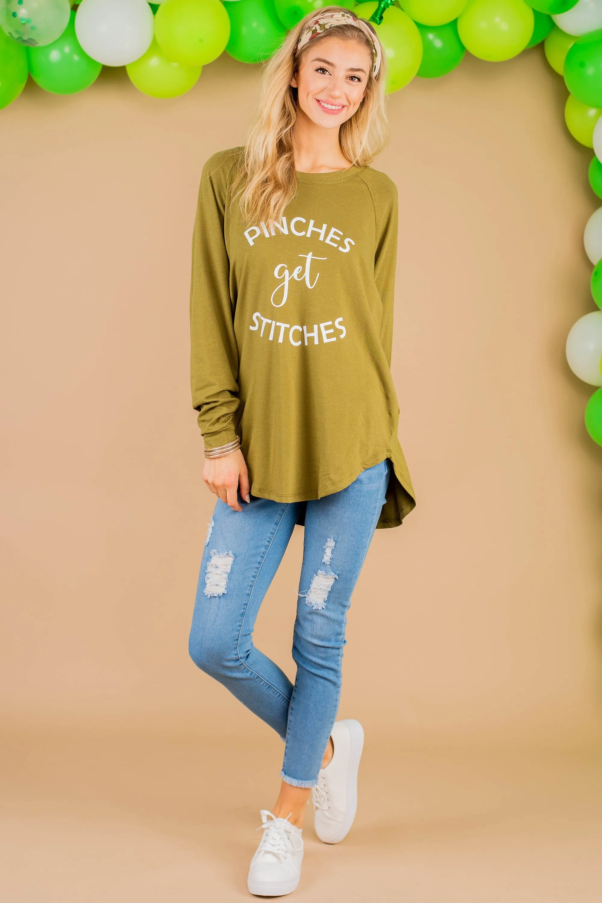 Pinches Get Stitches Olive Green Graphic Tunic