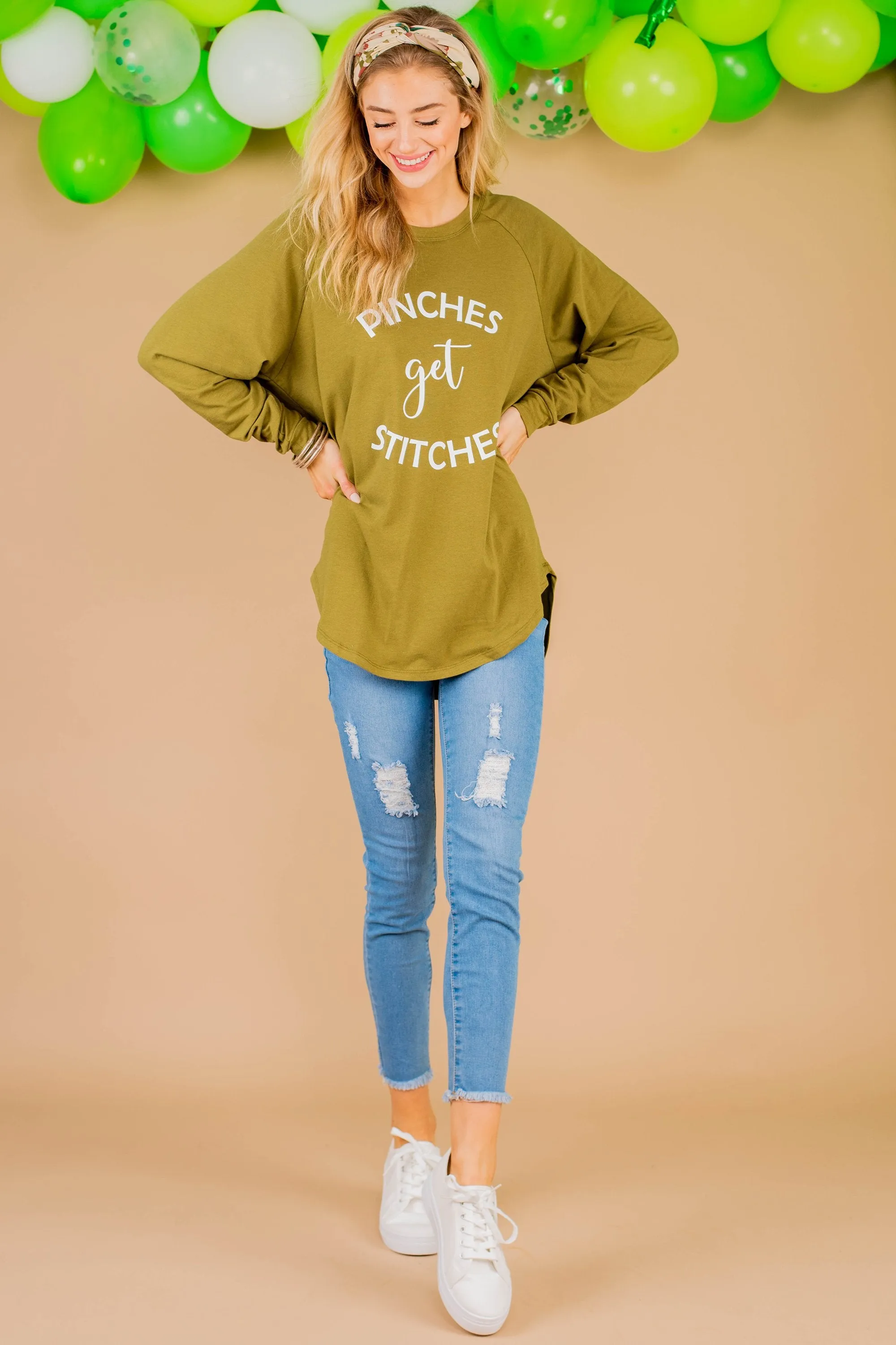 Pinches Get Stitches Olive Green Graphic Tunic