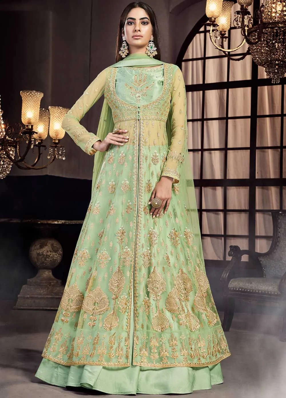 Pista Green Embroidered Anarkali Lehenga/Pant Suit