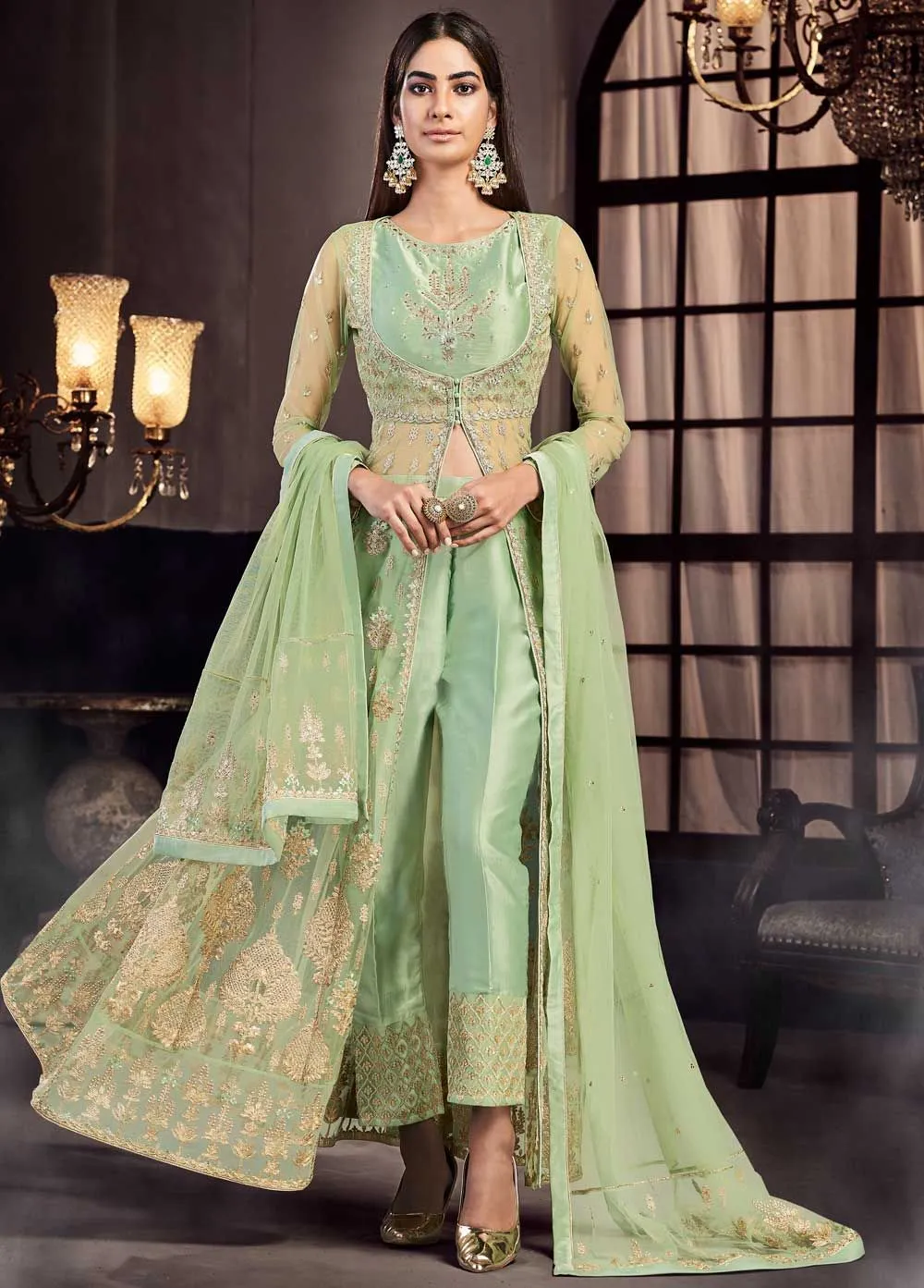 Pista Green Embroidered Anarkali Lehenga/Pant Suit