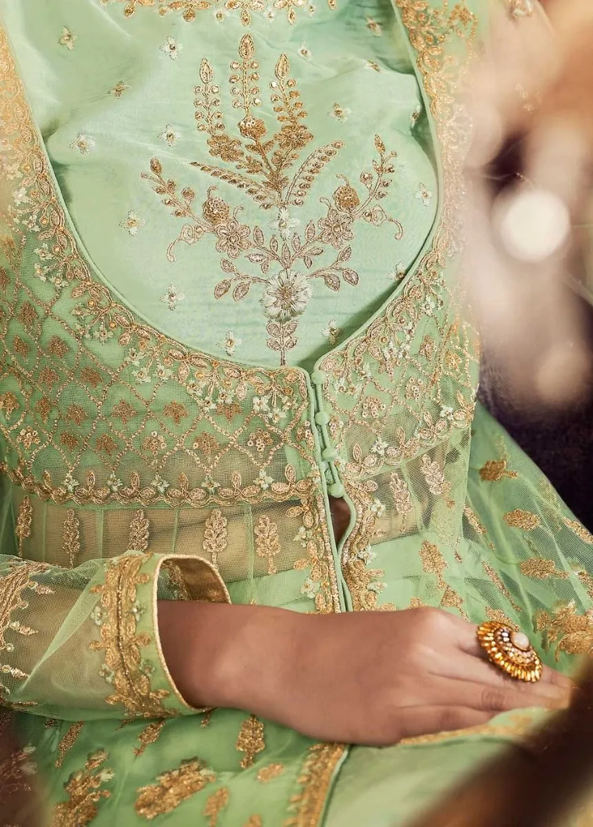 Pista Green Embroidered Anarkali Lehenga/Pant Suit