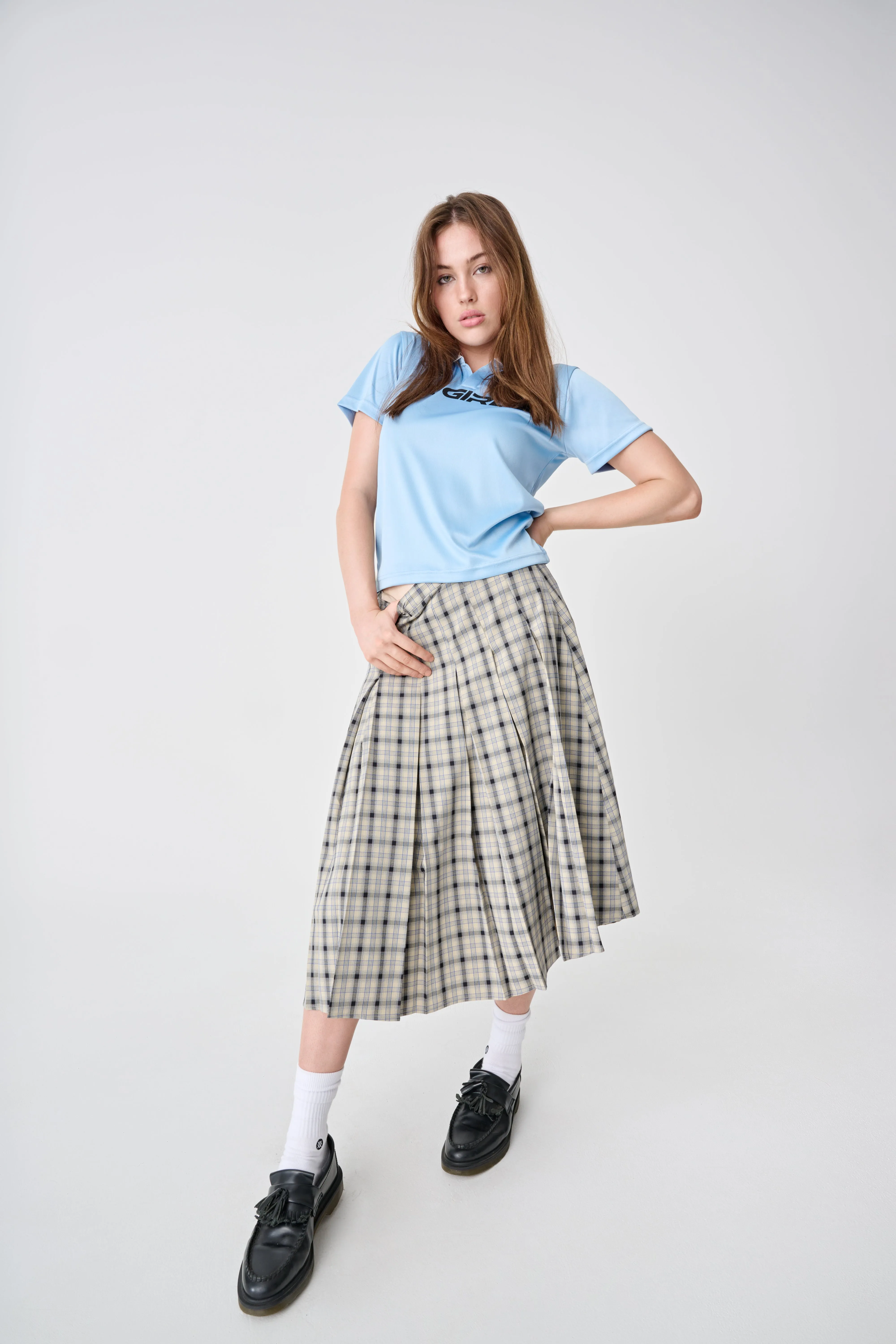 PLAID MIDI SKIRT - Navy