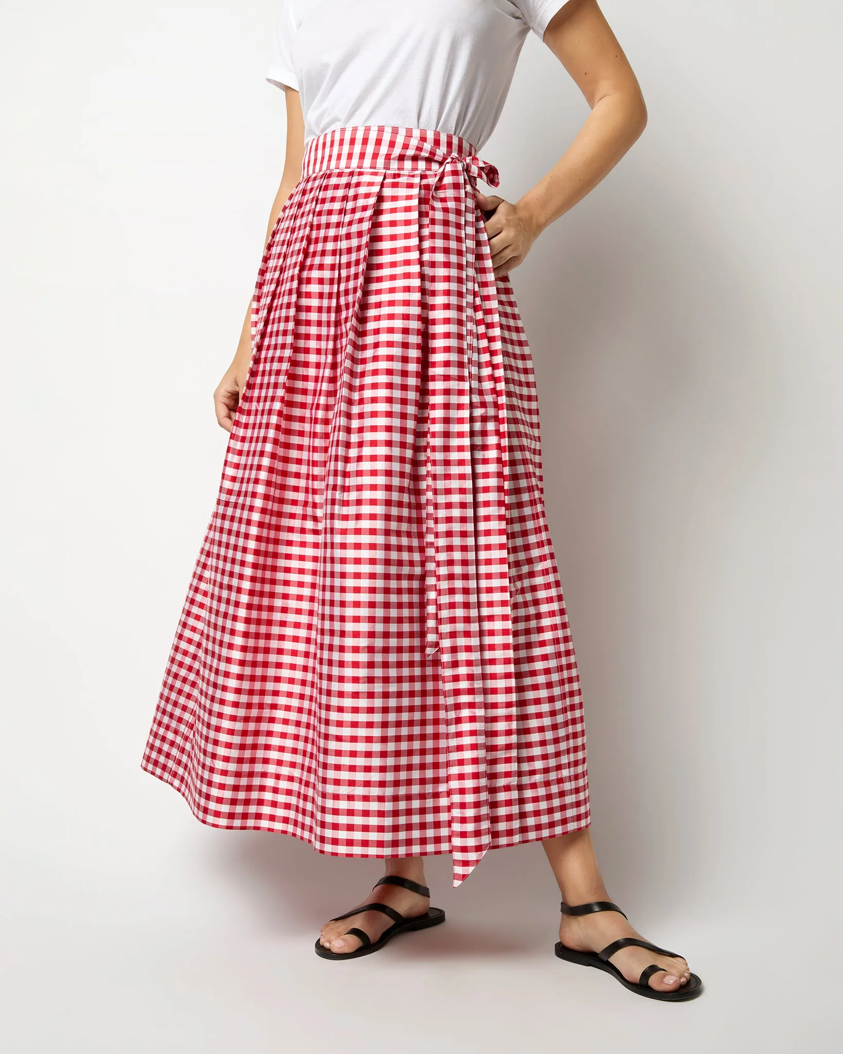 Pleated Wrap Midi Skirt in Red Gingham Silk Shantung