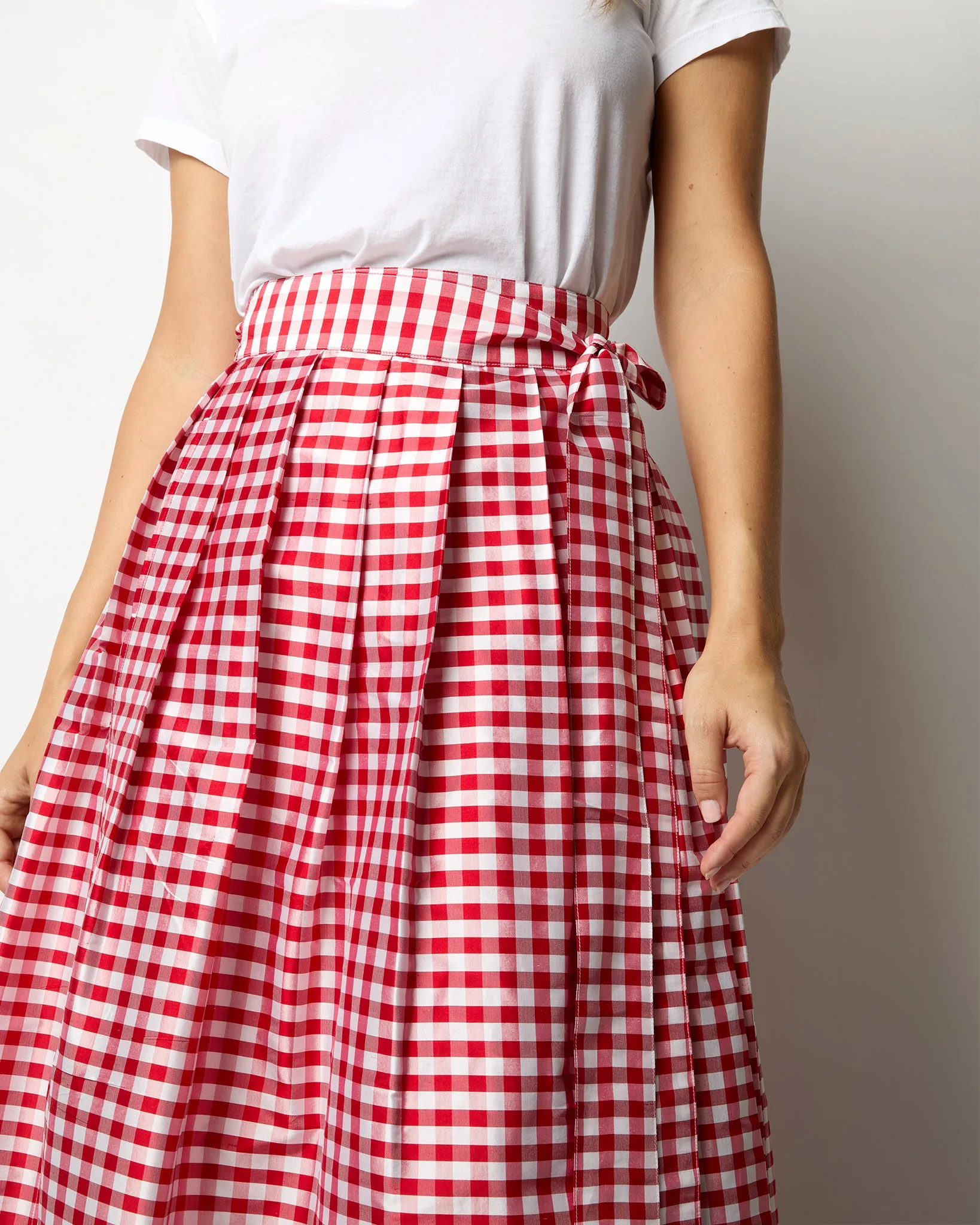 Pleated Wrap Midi Skirt in Red Gingham Silk Shantung