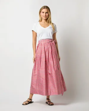 Pleated Wrap Midi Skirt in Red Gingham Silk Shantung