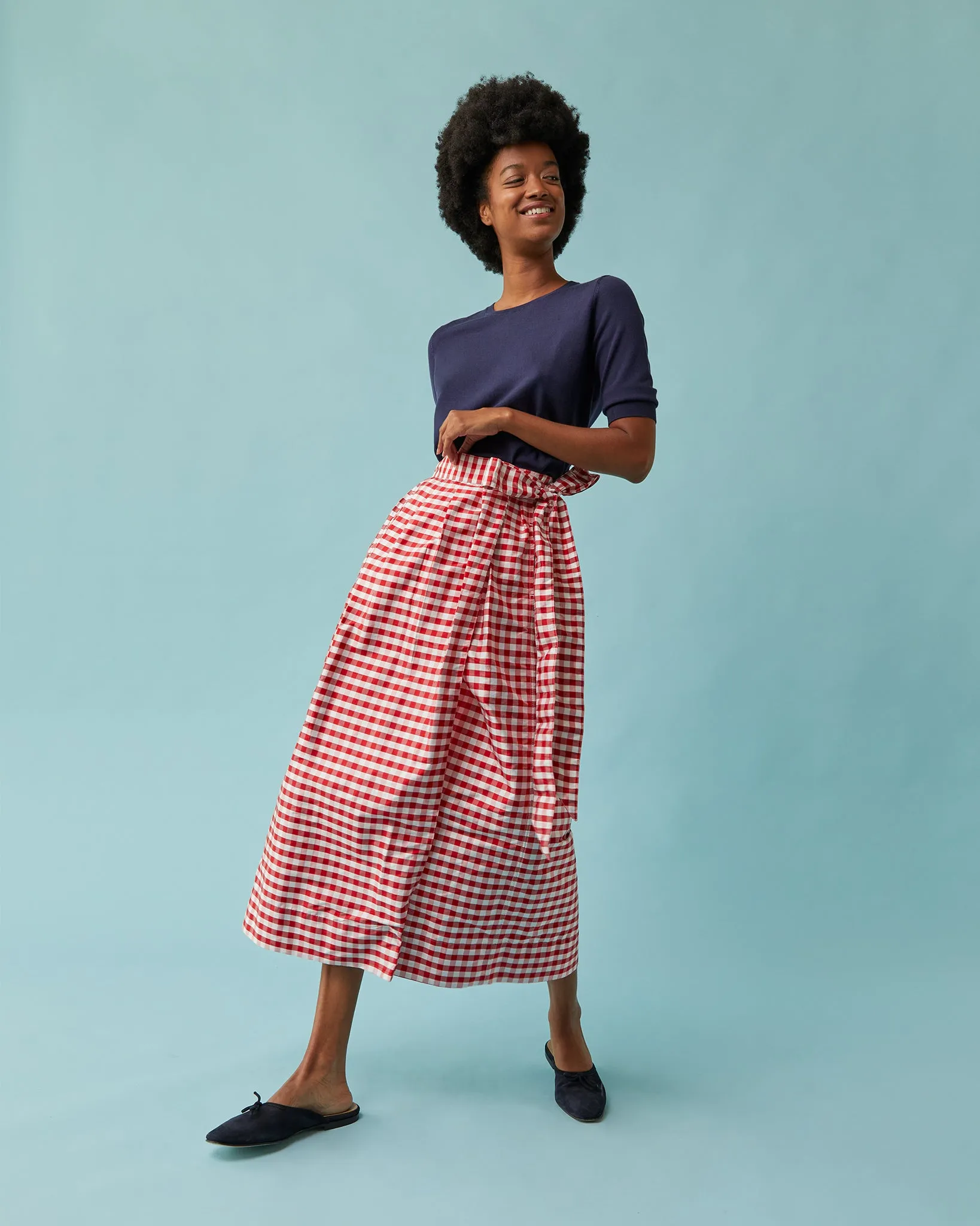 Pleated Wrap Midi Skirt in Red Gingham Silk Shantung