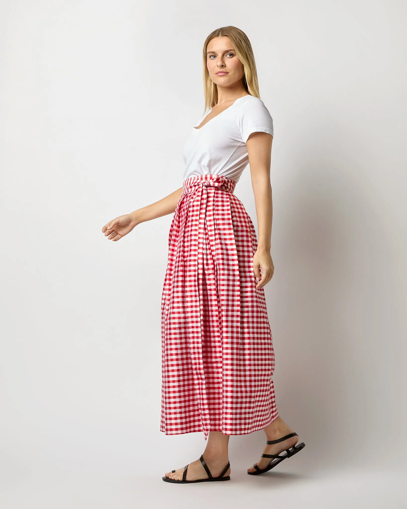 Pleated Wrap Midi Skirt in Red Gingham Silk Shantung