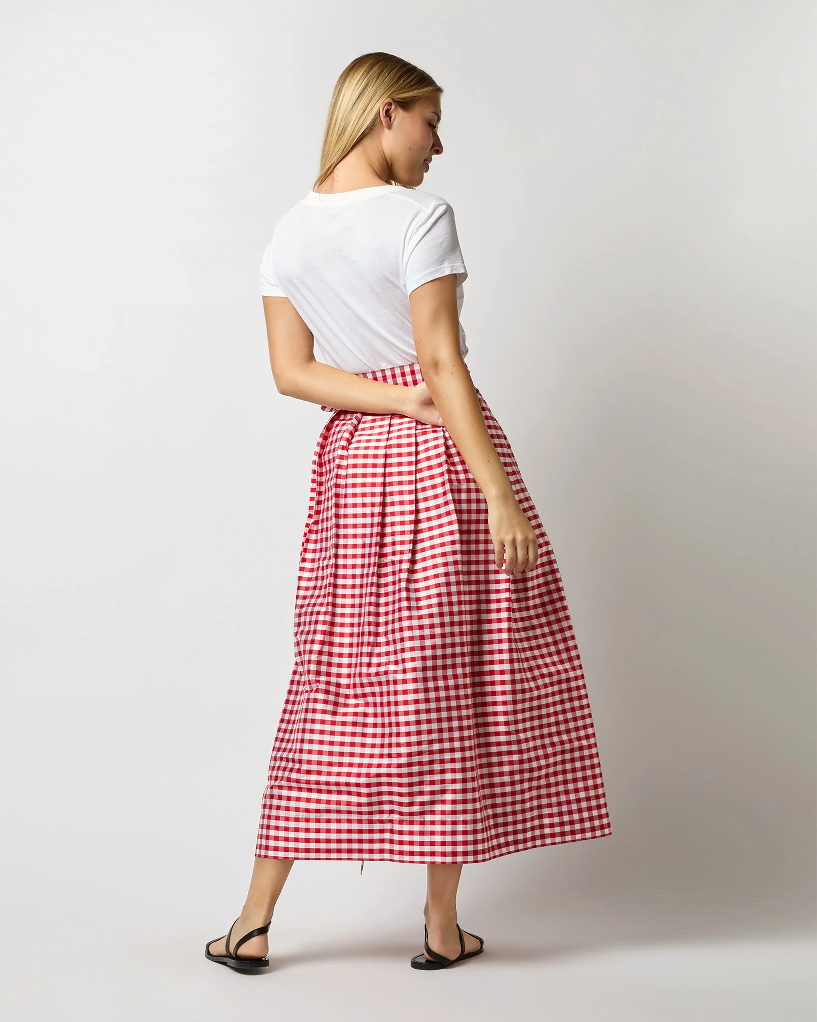 Pleated Wrap Midi Skirt in Red Gingham Silk Shantung