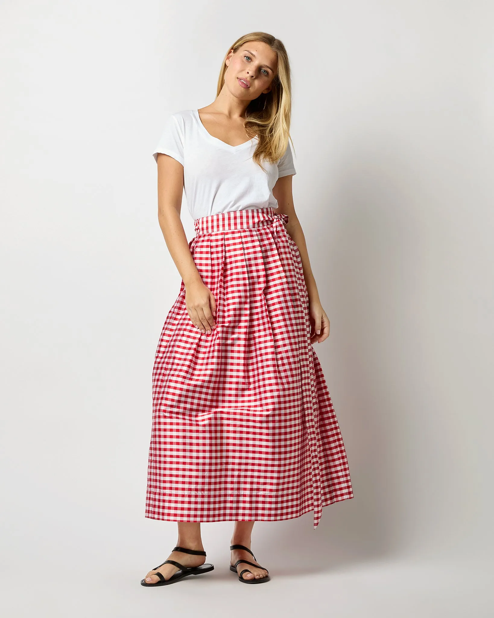 Pleated Wrap Midi Skirt in Red Gingham Silk Shantung