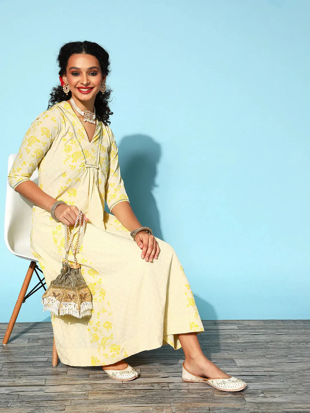 Poly Crepe Yellow Printed Kurta Palazzo Set