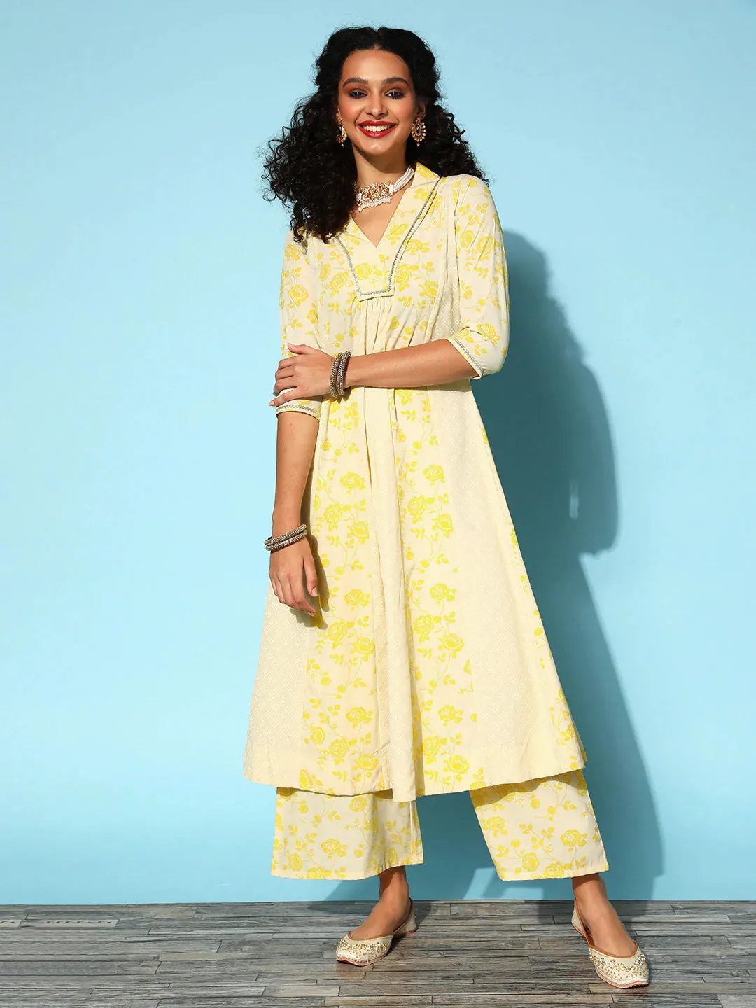 Poly Crepe Yellow Printed Kurta Palazzo Set