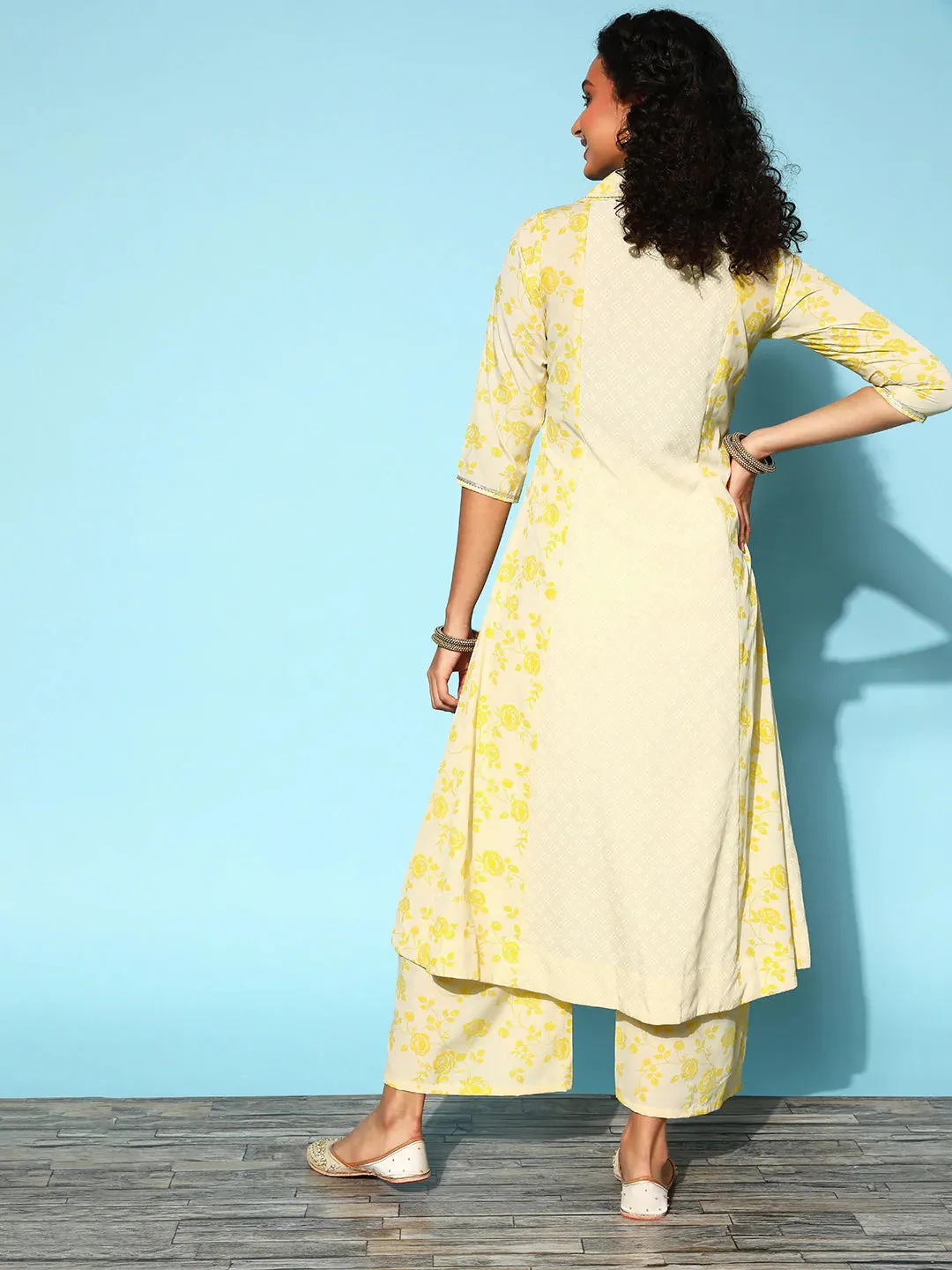 Poly Crepe Yellow Printed Kurta Palazzo Set