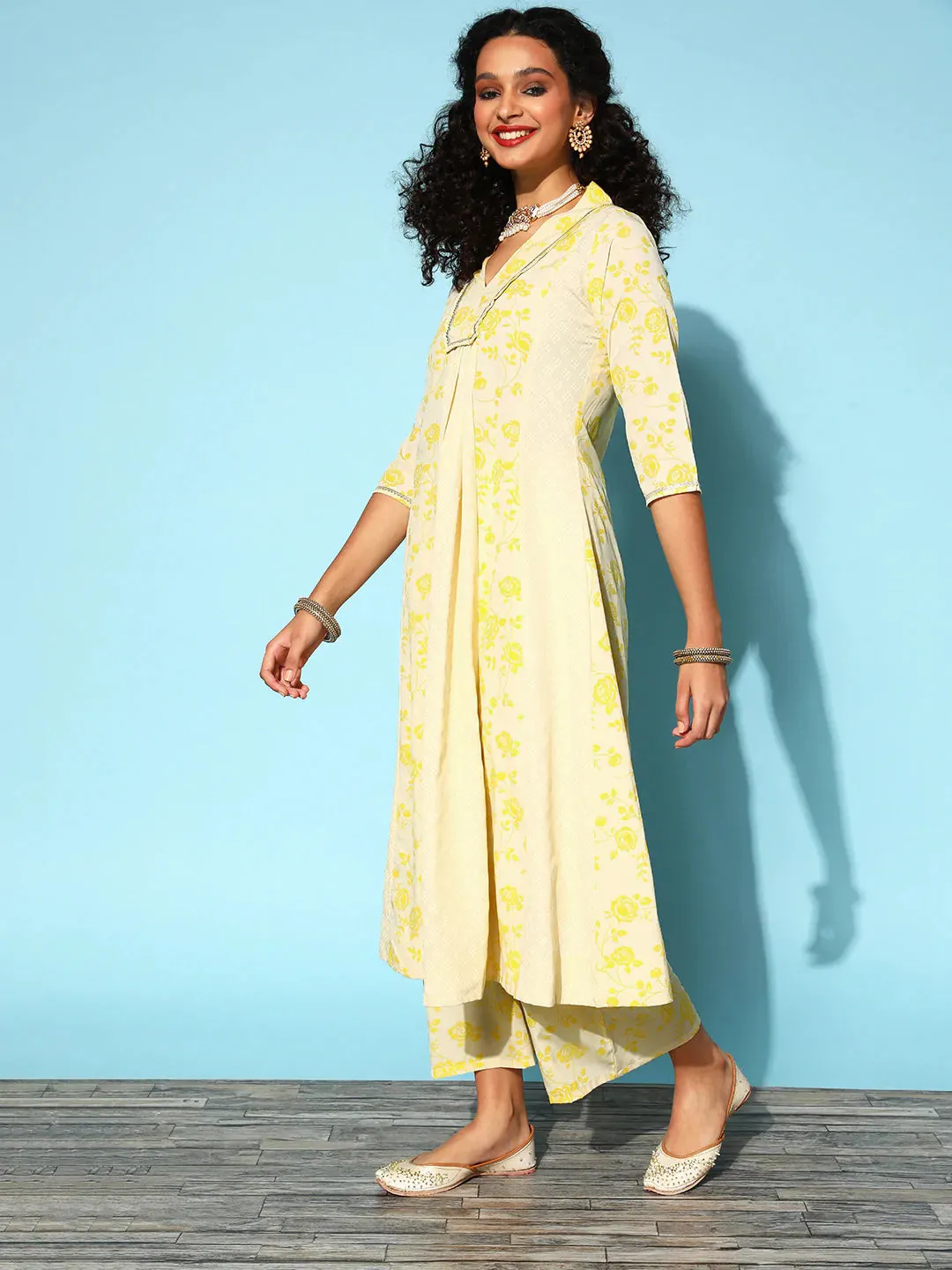 Poly Crepe Yellow Printed Kurta Palazzo Set