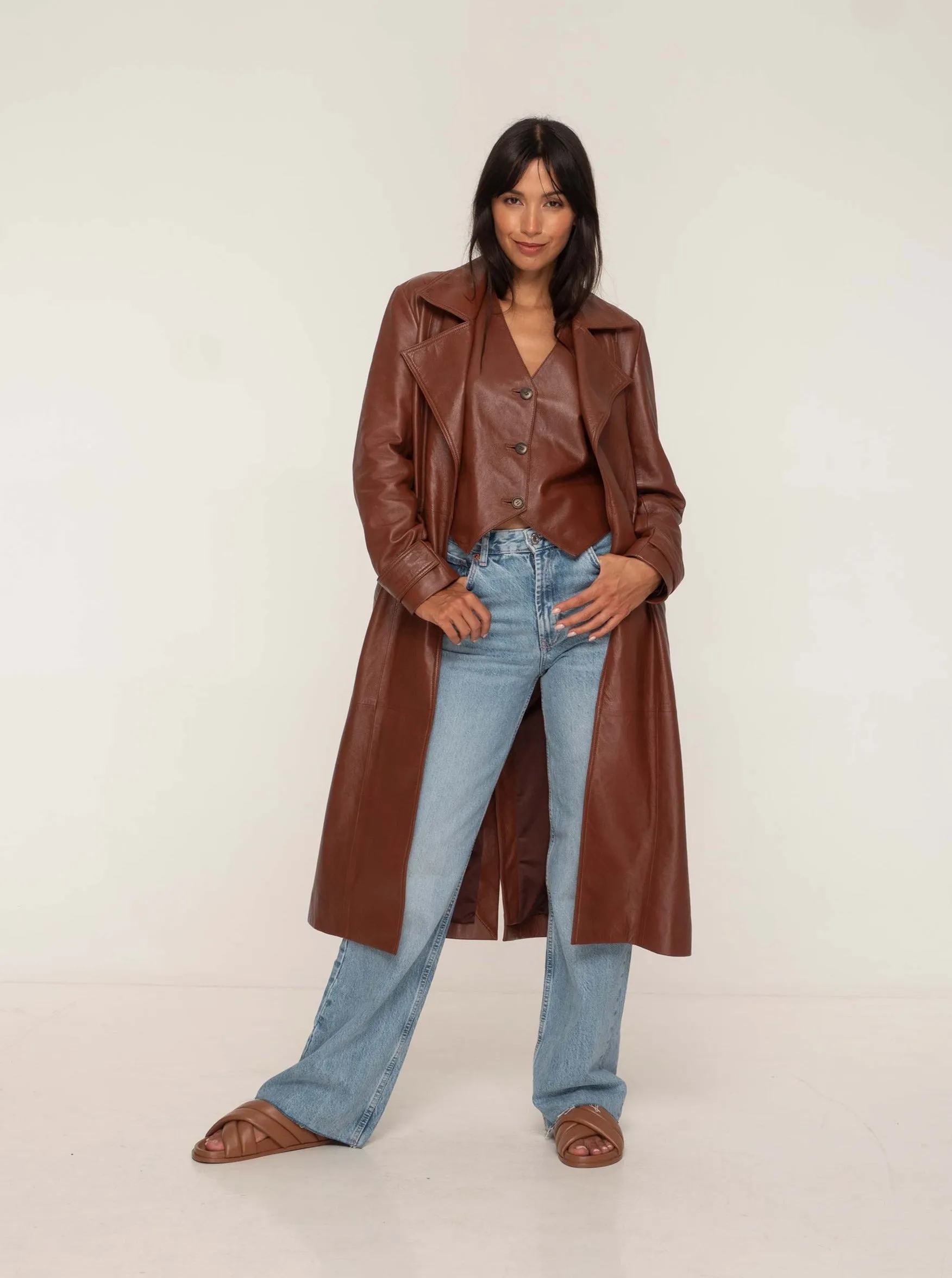 PORTIA LEATHER TRENCH COAT - WHISKEY