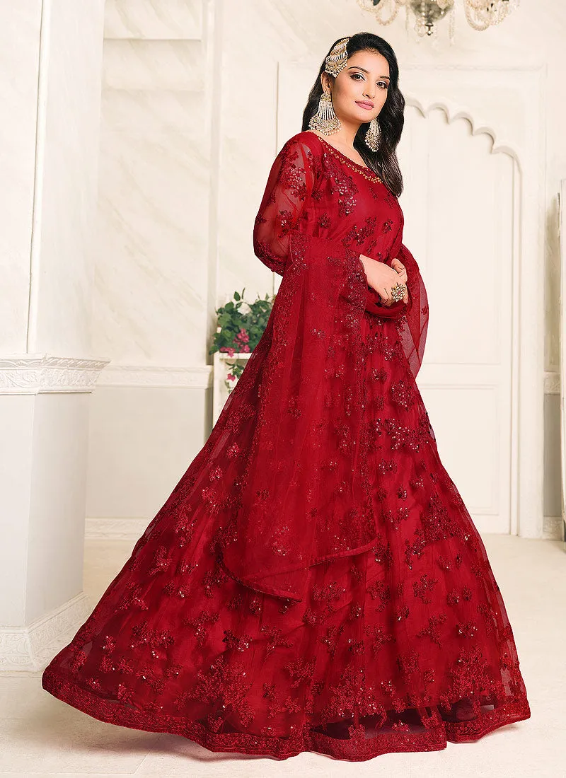 Red Embroidered Flared Anarkali Suit