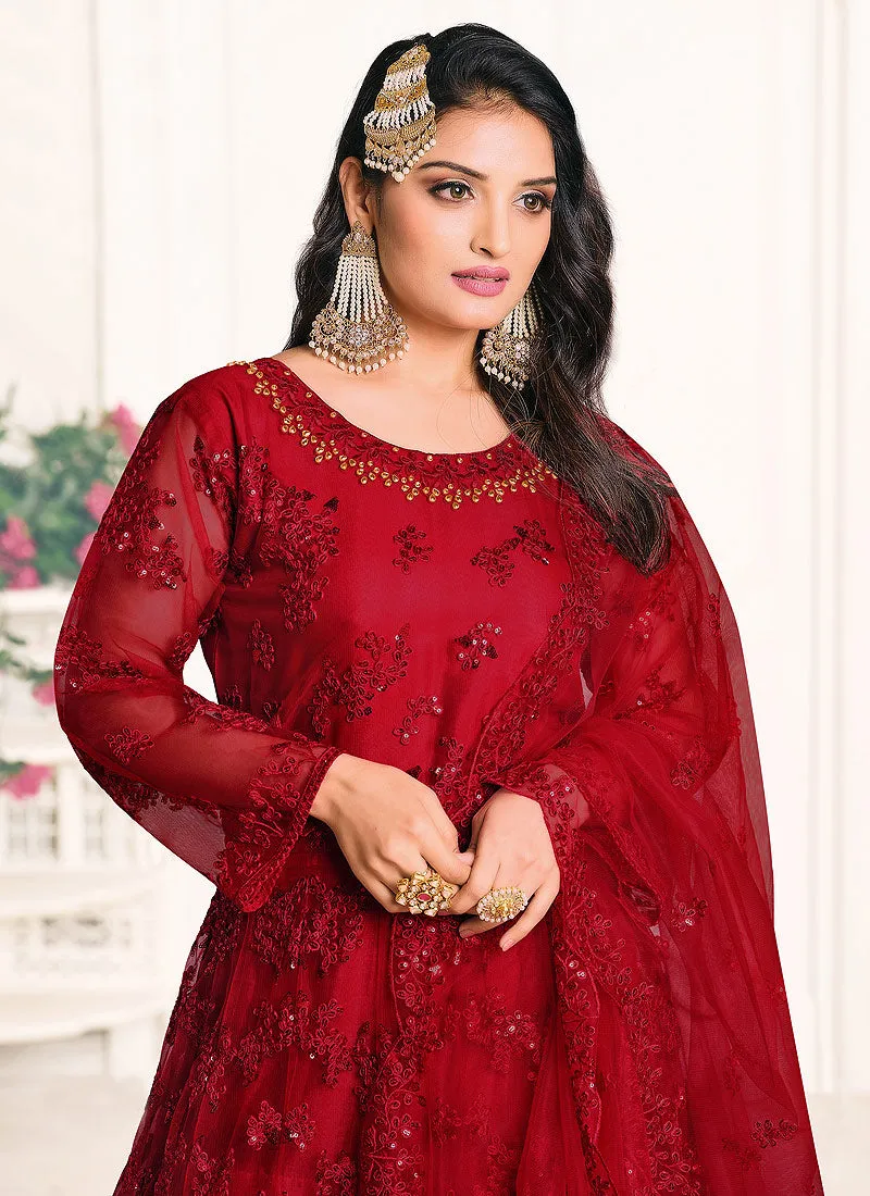 Red Embroidered Flared Anarkali Suit