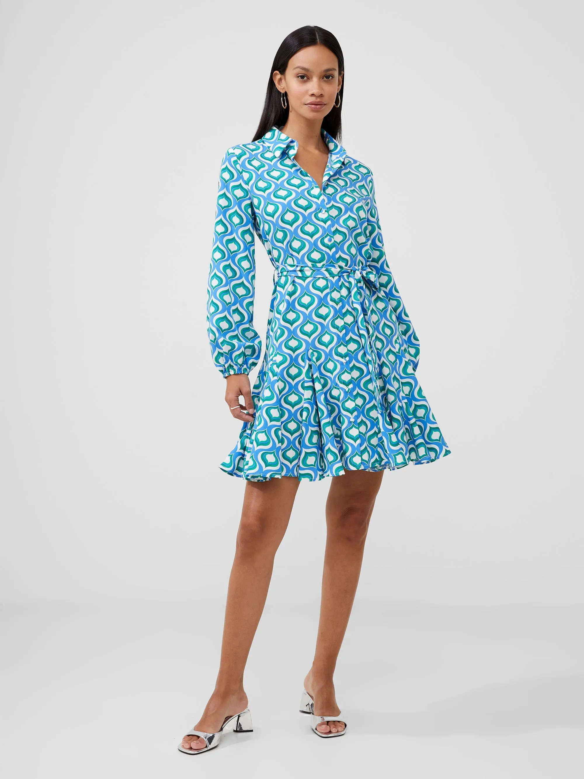 Retro Print Belted Shirt Mini Dress