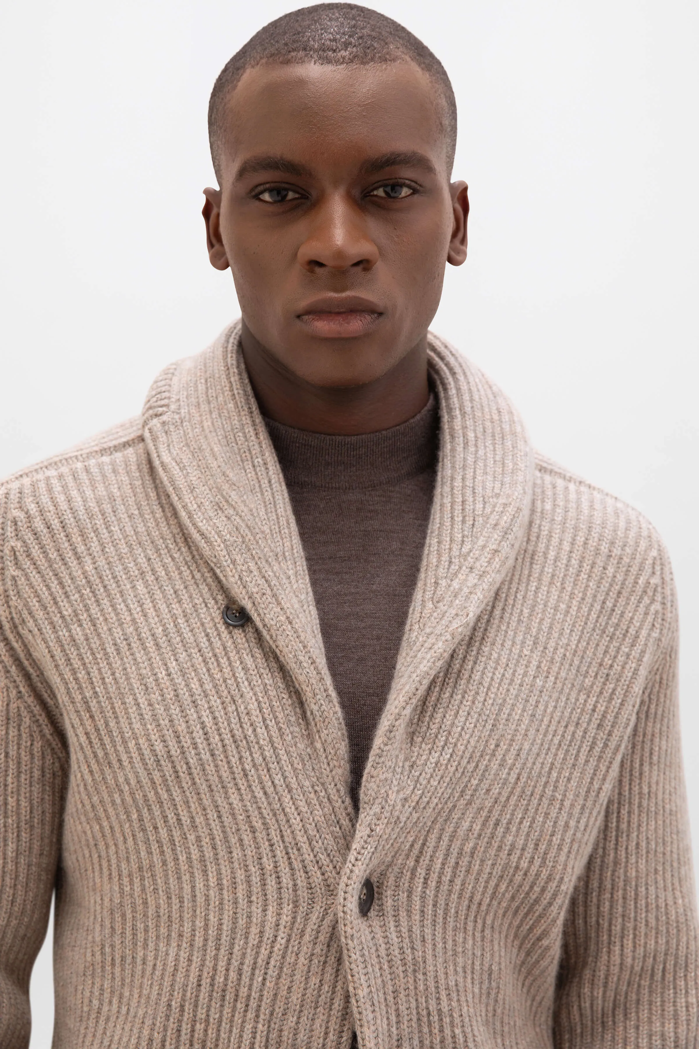 Ribbed Shawl Collar Cashmere Cardigan